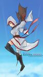  amputee assassin's_creed_(series) belt blade blue_background boots character_name cloud copyright_name crossover day double_amputee falling full_body green_eyes groundzeroace hood katawa_shoujo knife pouch scarf simple_background sky tezuka_rin toeblade watermark weapon web_address 
