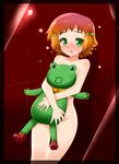  aquarion_(series) aquarion_evol blush butter-t flat_chest frog gradient_hair green_eyes looking_at_viewer multicolored_hair nude orange_hair pink_hair red_hair short_hair shy solo stuffed_animal stuffed_frog stuffed_toy tama_(aquarion) yunoha_thrul 