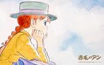  anne_of_green_gables anne_shirley artist_request blue_eyes braid cloud freckles hair_ribbon hat long_hair official_art profile red_hair ribbon sitting solo traditional_media wallpaper watercolor_(medium) world_masterpiece_theater 