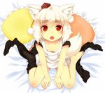  1girl :o animal_ears barefoot bed downblouse eyebrows fang frilled_pillow frills from_above hat inubashiri_momiji looking_at_viewer looking_up on_bed open_mouth pillow single_sock sitting sock_pull socks solo tokin_hat touhou underwear wariza wolf_ears 