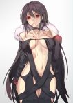  1girl absurdres black_choker black_dress black_hair blood breasts breasts_apart choker coat commentary_request consort_yu_(fate) dress fate/grand_order fate_(series) fur-trimmed_coat fur_trim highres hmrgyukina long_hair looking_at_viewer medium_breasts navel red_eyes revealing_clothes solo very_long_hair 