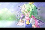  blush closed_eyes daiyousei gloves green_hair letterboxed open_mouth pink_scarf purple_gloves scarf solo tears touhou wings yawning yurume_atsushi 