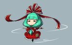  :&gt; =_= blush_stickers bow chibi closed_eyes dress frills front_ponytail green_hair hair_bow hair_ornament hair_ribbon kagiyama_hina long_hair nekomamire outstretched_arms red_dress ribbon smile solo spinning spread_arms touhou wrist_ribbon 