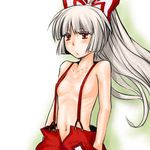  blush bow flat_chest fujiwara_no_mokou hair_bow hands_in_pockets long_hair naked_suspenders navel ponytail red_eyes revealing_clothes ribs sakurai_haruto silver_hair skinny solo suspenders topless touhou 