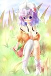  :3 blush breasts cleavage large_breasts letty_whiterock looking_at_viewer purple_eyes purple_hair single_thighhigh sitting smile solo thighhighs touhou yurume_atsushi 