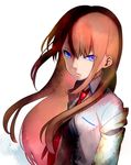  blue_eyes brown_hair kuroda_bb labcoat long_hair makise_kurisu necktie off_shoulder red_hair red_neckwear simple_background solo steins;gate upper_body 