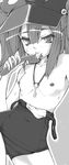  cucumber flat_chest greyscale hair_bobbles hair_ornament hat highres kawashiro_nitori key licking monochrome nipples one-piece_swimsuit school_swimsuit solo suzushoku_hiro swimsuit swimsuit_pull topless touhou 