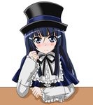  :| aoki_reika blue_eyes blue_hair blush closed_mouth cosplay eyelashes hat precure rozen_maiden smile_precure! solo souseiseki souseiseki_(cosplay) takumi_(rozen_garten) top_hat white_background 