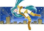  animal_print bikini blue_eyes cosplay elbow_gloves fangs gloves hatsune_miku letterboxed long_hair looking_at_viewer lum lum_(cosplay) open_mouth outside_border solo swimsuit tewarusa thighhighs tiger_print twintails urusei_yatsura very_long_hair vocaloid 