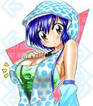  blue_hair blush breasts brown_eyes cleavage covered_nipples dance_dance_revolution detached_sleeves hood hoodie jewelry large_breasts necklace short_hair sideboob sleeveless sleeveless_hoodie solo toshiba_emi unzipped 
