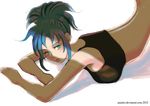  back blue_eyes blue_hair breasts jaimito large_breasts leona_heidern lips long_hair lying on_stomach ponytail solo tank_top the_king_of_fighters 