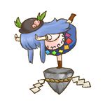  balancing batta_(ijigen_debris) blue_hair boots food fruit full_body hat hinanawi_tenshi keystone leg_up long_hair outstretched_hand patalliro! peach simple_background solo touhou 