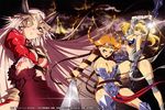  absurdres aldra_(queen's_blade) armor breasts cleavage elina eyepatch highres large_breasts leina miyazawa_tsutomu multiple_girls queen's_blade sword thighhighs weapon 