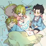  2boys ahoge artoria_pendragon_(all) bad_id bad_pixiv_id bib black_hair blanket blonde_hair blue_eyes child crayon drawing fate/zero fate_(series) gae_buidhe gae_dearg gilgamesh head_wreath lancer_(fate/zero) mia0309 multiple_boys paper red_eyes saber saliva sleeping sparkle yellow_eyes younger 