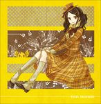  black_hair brown_eyes buzz dress english floral_background flower hair_ornament hairpin hand_on_lap hat knees looking_at_viewer neck_ribbon original plaid polka_dot polka_dot_background ribbon shoes sitting smile text_focus twintails yellow yellow_eyes 