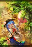  basket blue_hair branch food from_above fruit hat hinanawi_tenshi leaf long_hair open_mouth peach poetrywing red_eyes solo touhou tree 