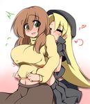  bad_id bad_pixiv_id blonde_hair blush breast_grab breasts brown_hair closed_eyes grabbing green_eyes hand_under_clothes hat kaz_(shade) large_breasts long_hair makihara_nodoka multiple_girls navel open_mouth original simple_background skirt sweater tsukizaki_kotobuki turtleneck 