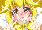  1girl blonde_hair blush bow brooch bust cum cure_peace double_v drooling earrings face facial full-face_blush jewelry kise_yayoi long_hair looking_at_viewer magical_girl mikagami_sou open_mouth precure ribbon sketch smile_precure! solo upper_body v yellow_eyes 