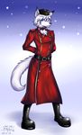  anthro belt black black_nose blue blue_eyes boots button canine collar eye eyes fur hair hat invalid_tag katsuke male mammal omni01 onijet01 plain_background pose russian solo standing talon uniform white white_fur white_hair wolf 