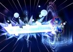 alternate_weapon blue_hair bow cirno closed_eyes detached_sleeves energy_sword hair_bow huge_weapon long_hair scarf solo sword touhou weapon yurume_atsushi 