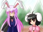  animal_ears blush bunny_ears carrot carrot_necklace inaba_tewi jewelry long_hair multiple_girls necklace open_mouth pendant purple_hair red_eyes reisen_udongein_inaba scarf touhou yurume_atsushi 