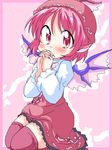  animal_ears bangs blush dress fingernails geetsu hands_clasped hat long_fingernails mystia_lorelei own_hands_together pink_background pink_eyes pink_hair short_hair simple_background solo thighhighs touhou wings zettai_ryouiki 