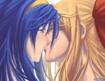  blonde_hair blue_eyes blue_hair bow close-up closed_eyes face hair_bow hairband half_updo himemiya_chikane kannazuki_no_miko kiss kurusugawa_himeko long_hair multiple_girls profile speh tears watermark web_address white_background yuri 