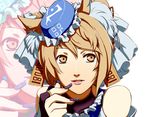  alternate_hairstyle animal_ears bare_shoulders blonde_hair bridal_gauntlets close-up dearmybrothers earrings face fake_nails fingernails fox_ears hat jewelry lips long_fingernails mini_hat nail_art open_mouth short_hair solo touhou yakumo_ran yellow_eyes zoom_layer 