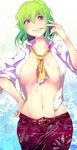  areola_slip areolae arm_up ascot belt between_breasts blue_background blush body_blush breasts buckle cigarette clothes_between_breasts collarbone fang green_hair grin groin hand_on_hip highres hips kazami_yuuka kusaka_eiki large_breasts midriff navel no_bra open_clothes open_shirt pants pink_eyes shirt short_hair simple_background sleeves_pushed_up smile solo touhou white_background 