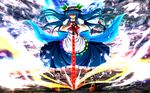  bad_id bad_pixiv_id black_gloves blue_hair boots bow electricity fingerless_gloves food fruit gloves hat highres hinanawi_tenshi long_hair nekominase peach planted_sword planted_weapon red_eyes shirt skirt solo sword sword_of_hisou touhou weapon wind 