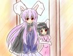  :3 animal_ears black_hair blush bunny_ears carrot carrot_necklace inaba_tewi jewelry long_hair multiple_girls necklace open_mouth pendant purple_hair red_eyes reisen_udongein_inaba scarf touhou yurume_atsushi 