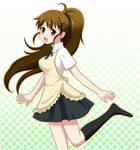  :d apron brown_eyes brown_hair halftone halftone_background long_hair open_mouth ponytail satousu smile solo standing standing_on_one_leg taneshima_popura working!! 