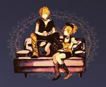  96neko alternate_hairstyle bad_id bad_pixiv_id bare_shoulders blonde_hair blue_eyes couch frown grin hair_ornament hair_ribbon hairclip hands_clasped kagamine_rin looking_at_viewer multiple_girls niconico own_hands_together ribbon shoes short_hair smile tokyo-to_rock_city_(vocaloid) tsuyuxxx vocaloid 