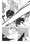  blood comic doujinshi greyscale hair_ornament hair_stick hat hat_removed headwear_removed highres jiangshi kaku_seiga kannazuki_hato miyako_yoshika monochrome multiple_girls short_hair skirt star torn_clothes touhou 