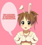  animal_ears blush brown_eyes brown_hair bunny_ears carrot check_translation cosplay gloves hard_translated heart hirano_yui hirasawa_ui k-on! open_mouth pangya pipin pipin_(cosplay) simple_background solo translated white_gloves 