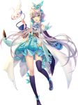  &gt;_&lt; 1girl asymmetrical_legwear blue_bow blue_legwear blue_neckwear blue_skirt blush bow detached_sleeves green_eyes hair_bow hair_rings index_finger_raised kneehighs long_hair looking_at_viewer luo_tianyi official_art purple_hair rastar sidelocks single_kneehigh single_thighhigh skirt solo standing standing_on_one_leg thighhighs very_long_hair wide_sleeves 