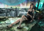  8981 android bad_id bad_pixiv_id black_hair broken_glass cityscape dress glass green_eyes high_heels long_hair original shoes solo 