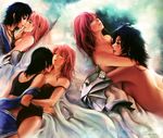  bare_shoulders black_hair breasts closed_eyes collage couple earrings face final_fantasy final_fantasy_xiii hug imminent_kiss jewelry lightning_farron multiple_girls nipples nude oerba_yun_fang pink_hair signature small_breasts strap_slip tida_kietsungden yuri 