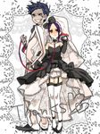  1boy 1girl black_dress blue_eyes blush chikuri collar dress elbow_gloves genderswap gloves grin hoshigaki_kisame leash naruto purple_hair red_eyes smile standing thighhighs uchiha_itachi veil white_legwear yellow_eyes 