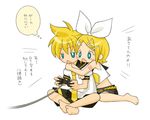  1girl barefoot blush_stickers brother_and_sister controller game_console game_controller hiyo_(hiyococco) kagamine_len kagamine_rin playing_games playstation_2 short_hair shorts siblings translation_request twins vocaloid 