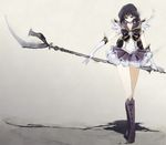 back_bow bishoujo_senshi_sailor_moon black_bow black_hair boots bow crossed_legs elbow_gloves full_body glaive gloves grey_background holding holding_spear holding_weapon knee_boots magical_girl pleated_skirt polearm purple_footwear purple_sailor_collar purple_skirt ribbon sailor_collar sailor_moon_musical sailor_saturn sailor_senshi_uniform saki_(hxaxcxk) short_hair silence_glaive skirt solo spear standing tomoe_hotaru watson_cross weapon white_gloves 