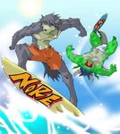  beach biceps canine chinese_dragon dog dragon duo fundoshi fur green_dragon husky kouya kouya_aotsuki male mammal morenatsu seaside surfboard surfer surfing tatsuki toratora underwear unknown_artist water 