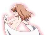  1girl breasts brown_hair female from_behind green_eyes highres kaz_(shade) large_breasts long_hair looking_back makihara_nodoka nude original simple_background solo standing towel young younger 