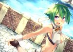  1girl aquarion_(series) aquarion_evol bare_shoulders blush breasts cleavage cleavage_cutout green_hair holding_hands interlocked_fingers large_breasts midriff mokoke navel open_mouth out_of_frame pov pov_hands purple_eyes ribbon short_hair short_shorts shorts wrist_cuffs zessica_wong 