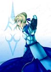  ahoge aomidori_(krkg) armor armored_dress artoria_pendragon_(all) bad_id bad_pixiv_id blonde_hair command_spell dress fate/stay_night fate_(series) faulds gauntlets green_eyes hair_bun hair_ribbon highres outstretched_hand ribbon saber solo 