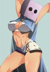  aquarion_(series) aquarion_evol arms_up bag bag_over_head breasts cleavage cleavage_cutout cloak covered_nipples kunifuto large_breasts looking_at_viewer mask midriff no_panties paper_bag shorts solo thighs toned zessica_wong 