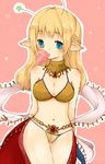  1st-mn antennae arms_behind_back bare_shoulders bikini blonde_hair blue_eyes breasts bubble_blowing chewing_gum cleavage dancer dancer_(ragnarok_online) elf jewelry long_hair medium_breasts navel neck_ring pointy_ears ragnarok_online solo swimsuit 