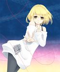  bare_shoulders black_legwear blonde_hair braid face frayed_clothes gradient hand_on_own_chest hands highres knit_(pop'n_music) lace_background looking_at_viewer outstretched_hand pantyhose pop'n_music red_string short_hair solo stardrop string yellow_eyes 