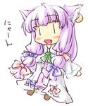  :d animal_ears ascot blush bow cat_ears chibi dress earrings fang hair_bow jewelry long_hair natsuki_(silent_selena) open_mouth patchouli_knowledge purple_hair simple_background smile solo touhou translated white_background |_| 