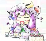  ascot blush bow cake closed_eyes crescent cup eating food food_on_face fork hair_bow hat hat_bow heart long_hair lowres natsuki_(silent_selena) open_mouth patchouli_knowledge plate purple_hair saucer slice_of_cake solo touhou white_background 